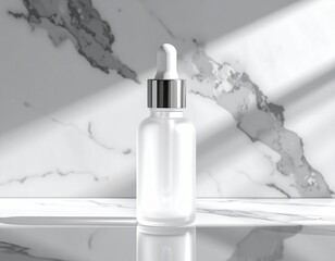 Transparent Serum Bottle with Dropper on a Marble Surface