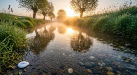 Misty Morning Sunrise Over a Tranquil Stream with Willow Trees Reflected in the Water.