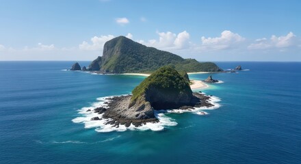 Stunning aerial drone view of remote tropical islands in a turquoise sea.