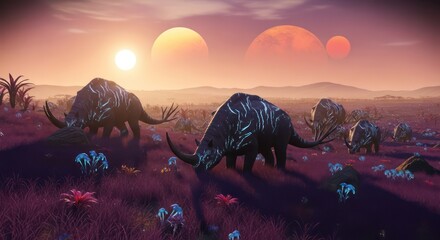 Alien creatures graze on a vibrant purple alien planet under a multi-moon sunset.