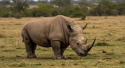 Fototapeta premium Rhino grazing in natural grassland environment wildlife animal portrait