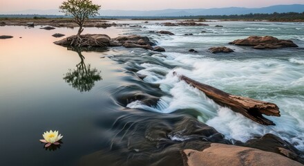 Serene river landscape with a floating flower and reflections.