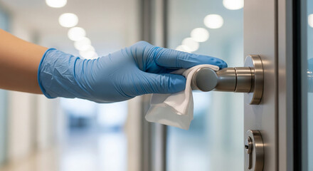 Person cleaning door handle with blue gloves and disinfectant wipe