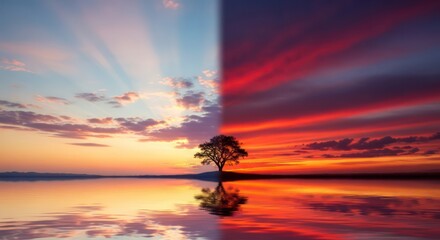 Surreal Split Sky Sunset with Lone Tree Reflection.