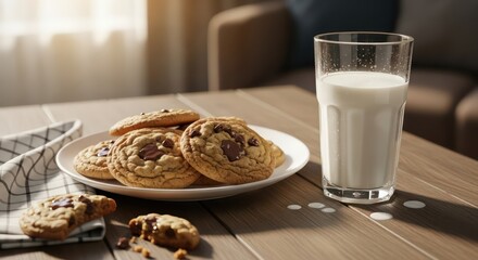 Delicious Chocolate Chip Cookies with a Glass of Milk on a Wooden Table.