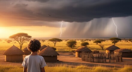 Young Boy Watching a Dramatic Lightning Storm Over an African Savanna Village.