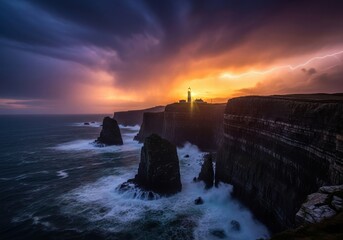 Wide panoramic shot of dramatic coastal cliff with lighthouse silhouette against glowing sky and turbulent cloud