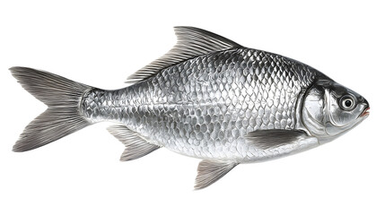 Obraz premium Stunning fresh silver fish displaying intricate scales and elegant fins, perfect for culinary concepts, aquatic themes, or natural food packaging designs.
