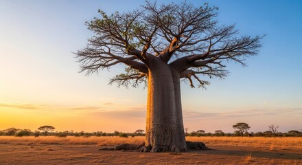 Majestic Baobab Tree Standing Alone in African Savanna at Sunset.