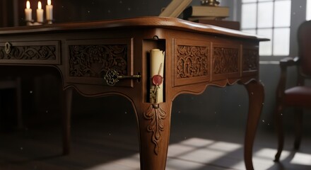 Elegant wooden desk with hidden compartment and scroll, vintage design.
