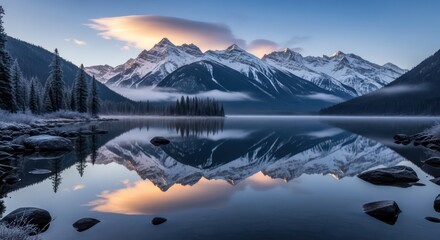 Serene Mountain Reflection in Lake at Sunrise, Banff National Park.