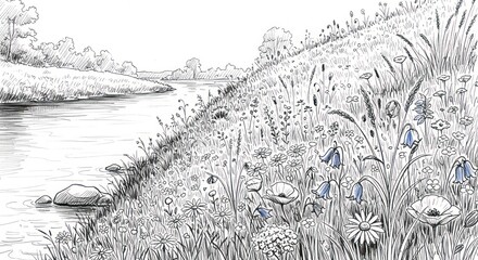 Detailed Black and White Illustration of a Lush Meadow Beside a Winding River.