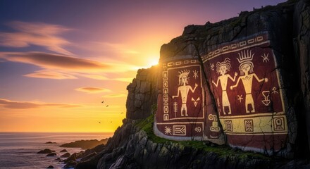 Ancient Petroglyphs on Coastal Cliffs at Sunset with Ocean View.