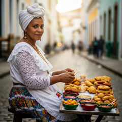 Baiana tradicional vendendo quitutes típicos na rua histórica de Salvador