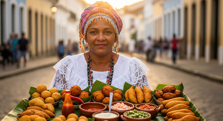 Baiana tradicional vendendo quitutes típicos na rua histórica de Salvador