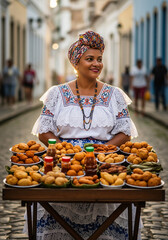 Baiana tradicional vendendo quitutes típicos na rua histórica de Salvador