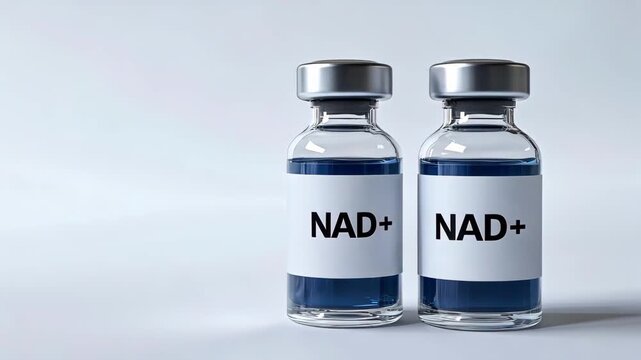 Two vials of blue NAD+ solution for health and wellness concepts.