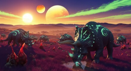 Alien Planet Landscape with Exotic Creatures and Multiple Suns at Sunset.