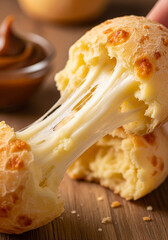 Pão de queijo brasileiro sendo partido com queijo derretido