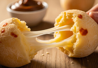Pão de queijo brasileiro sendo partido com queijo derretido