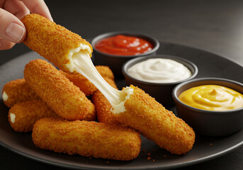 Fried cheese sticks with assorted dipping sauces