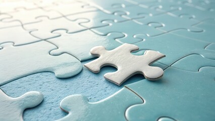 A single white jigsaw puzzle piece on a completed blue puzzle