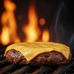 Grilled burger with melting cheese on the barbecue