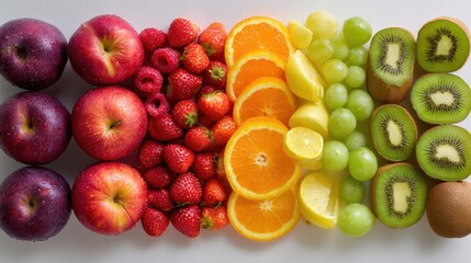 Vibrant Rainbow of Fresh Fruits - Apples, Strawberries, Oranges, Grapes, and Kiwis Arranged in Colorful Spectrum.