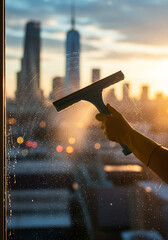Window cleaning with spray bottle and squeegee in urban environment
