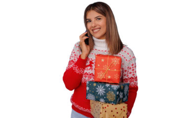 Woman holding christmas gifts, talking on phone, celebrating holidays, conveying joy and connection, transparent background