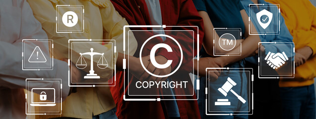 Conceptual visual representation combining legal symbols and copyright icons to illustrate the...