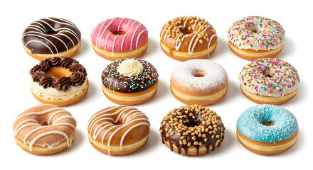 Fototapeta premium Delicious Assortment of Donuts: A mouthwatering selection of freshly baked donuts, showcasing a vibrant array of toppings and colors, inviting indulgence and sweet temptation.