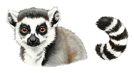 Obraz premium Ring tailed lemur illustration on white background showing detailed fur and expressive eyes