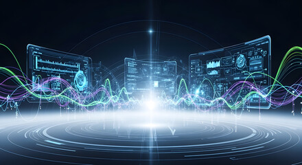 Digital Dashboard: A futuristic depiction of a high-tech data display. Futuristic displays showcase intricate graphs, charts.