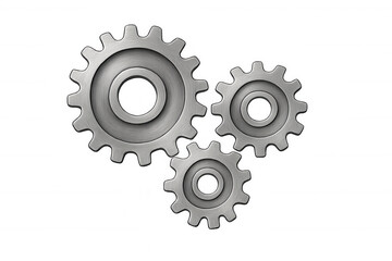 Three metal gears working together, representing solutions, progress, and interconnected systems. Transparent background