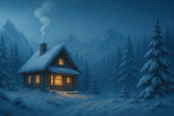 Fototapeta premium Cozy cabin in snowy mountain landscape at night