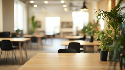 Blurred Modern Office Interior Background &ndash; Bright Workspace with Glass Walls and Plants