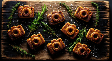 Fototapeta premium Delicious Photo Camera Cookies: An overhead shot presents delightfully crafted cookies shaped like photo cameras, arranged on a wooden surface.