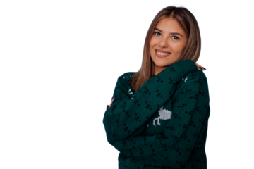 Young woman smiling, wearing green christmas sweater with reindeer design, holidays concept, transparent background