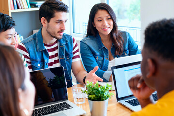 Group of multiethnic young adults collaborating around table, discussing project ideas while using laptops, sitting in modern office setting, engaging in teamwork and communication