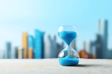 Hourglass with blue sand, city skyline background. Time running out concept, deadlines, urgency. Perfect for business and planning.