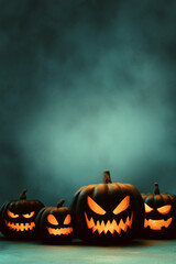 Spooky Jack-o'-Lanterns: A collection of carved pumpkins glowing eerily in the dim light, perfect for Halloween decorations