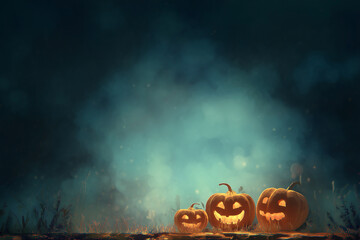 Three illuminated jack-o'-lanterns sit in a field, casting a spooky glow against a dark, moody Halloween night backdrop.