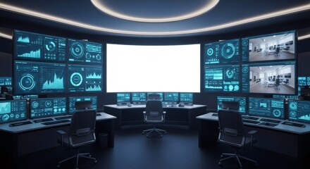 Empty modern security control room with multiple screens displaying data and surveillance feeds. Central command center for monitoring and data control.