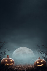A spooky Halloween scene with illuminated pumpkins under a full moon and bats, perfect for autumn festivities.