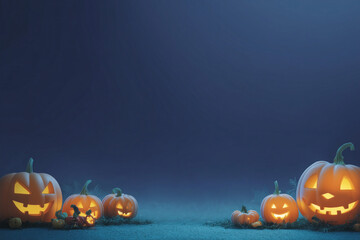 Spooky Halloween scene with glowing jack-o'-lanterns lined up in the darkness, emanating an eerie, festive light.