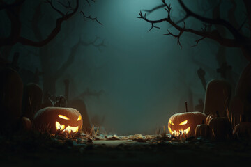 Spooky Halloween night scene with glowing jack-o'-lanterns in a foggy graveyard under bare trees against a teal moonlit sky.