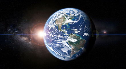 Naklejka premium Earth in the Cosmos: A captivating view of planet Earth set against the vast cosmic backdrop, revealing the beauty of our home world in space, showcasing oceans, landmasses, and clouds. 