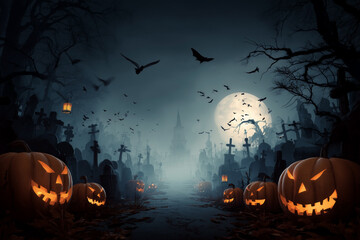 Eerie Halloween graveyard scene with carved pumpkins and a full moon. Bats flying around the crosses and headstones.