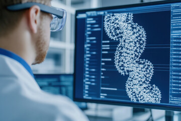 A researcher wearing safety glasses studies a DNA double helix displayed on a high tech monitor, highlighting molecular structure, precision, and scientific discovery.